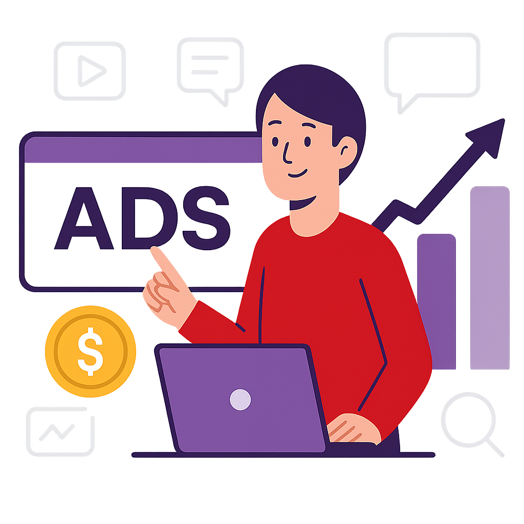 Ilustración de un profesional gestionando campañas de Google Ads desde su portátil, con iconos de anuncios, conversión y crecimiento