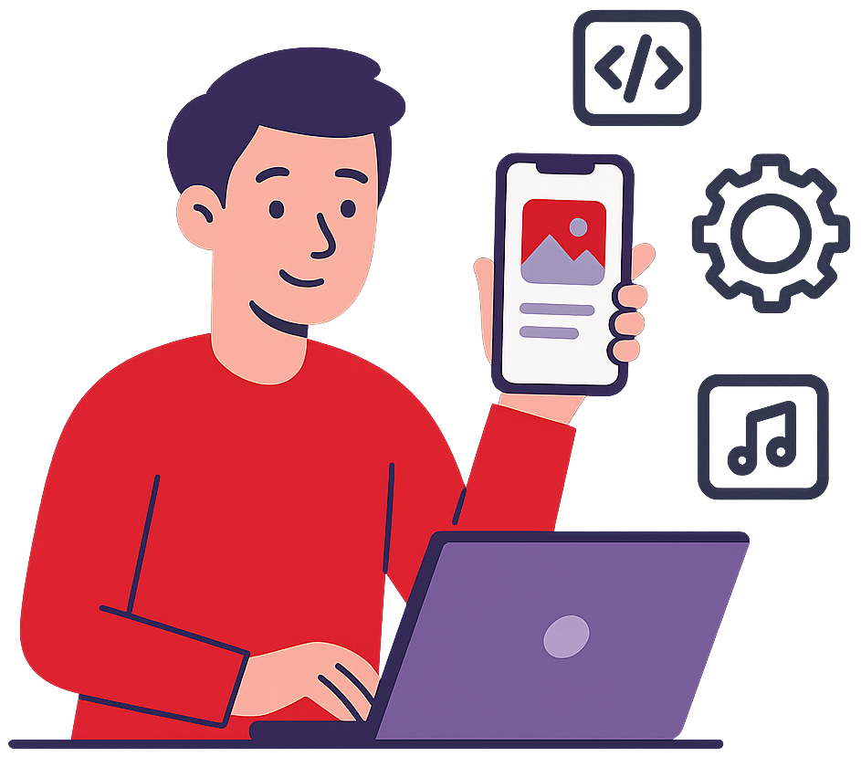 Ilustración de un desarrollador mostrando una app en un smartphone junto a un portátil, con iconos de programación y funcionalidades móviles