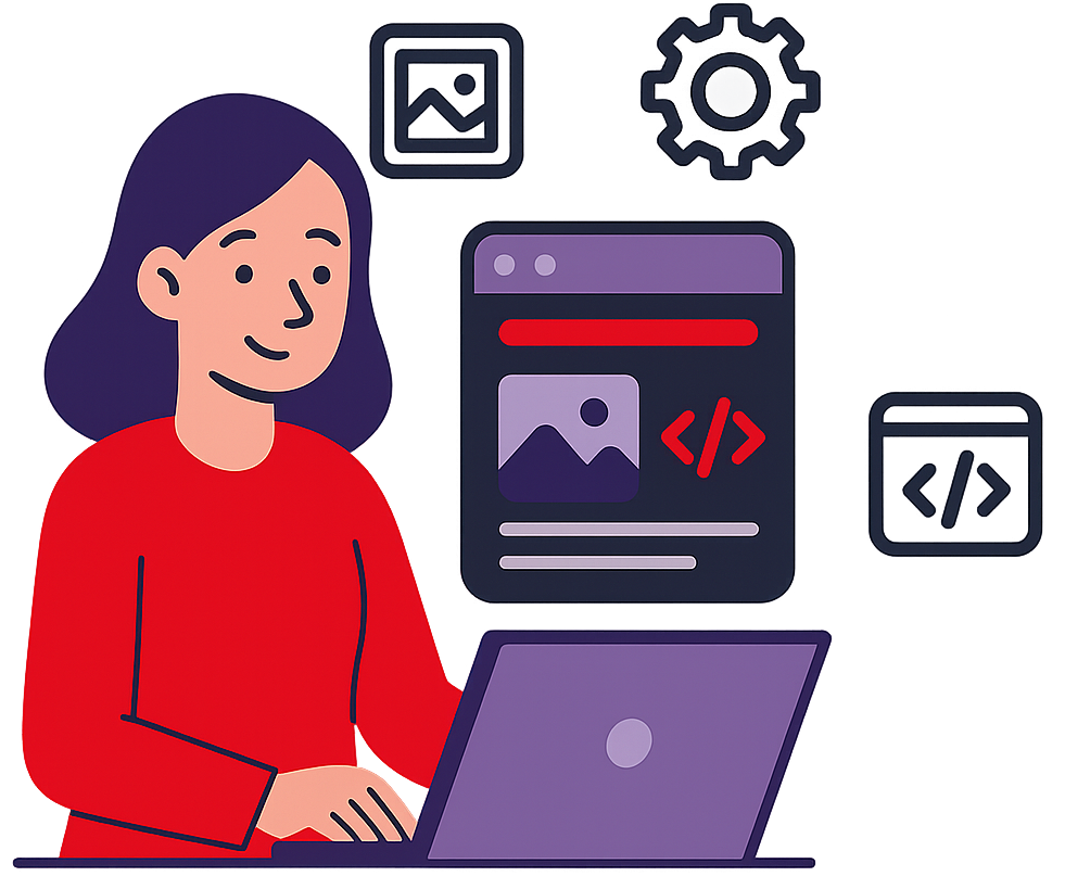 Ilustración de una diseñadora web trabajando en su portátil, con elementos visuales de desarrollo front-end como ventanas de código y engranajes