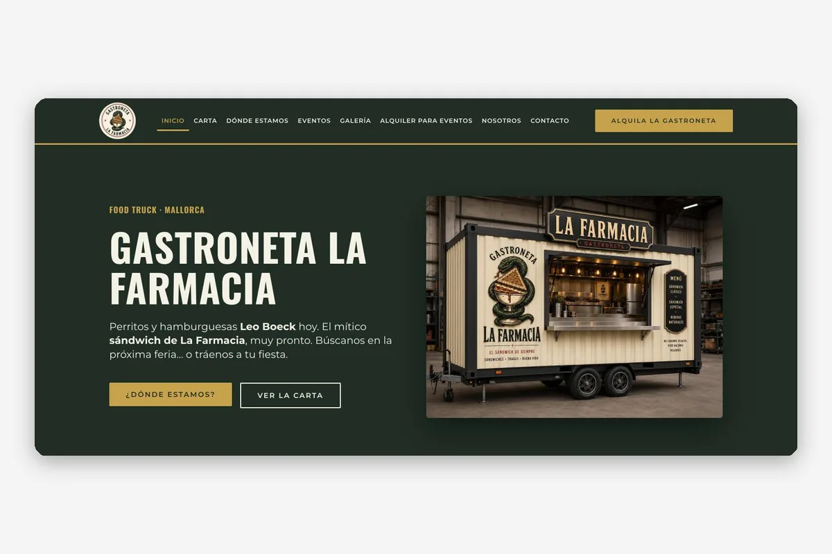 Hero banner for La Farmacia food truck: dark green background, bold headline 'GASTRONETA LA FARMACIA' and a photo of the La Farmacia truck on the right.