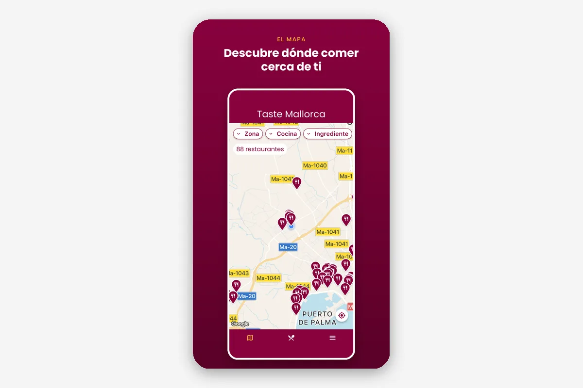 Mobile screen showing a map to discover nearby restaurants in Mallorca with many pink location pins near Puerto de Palma
